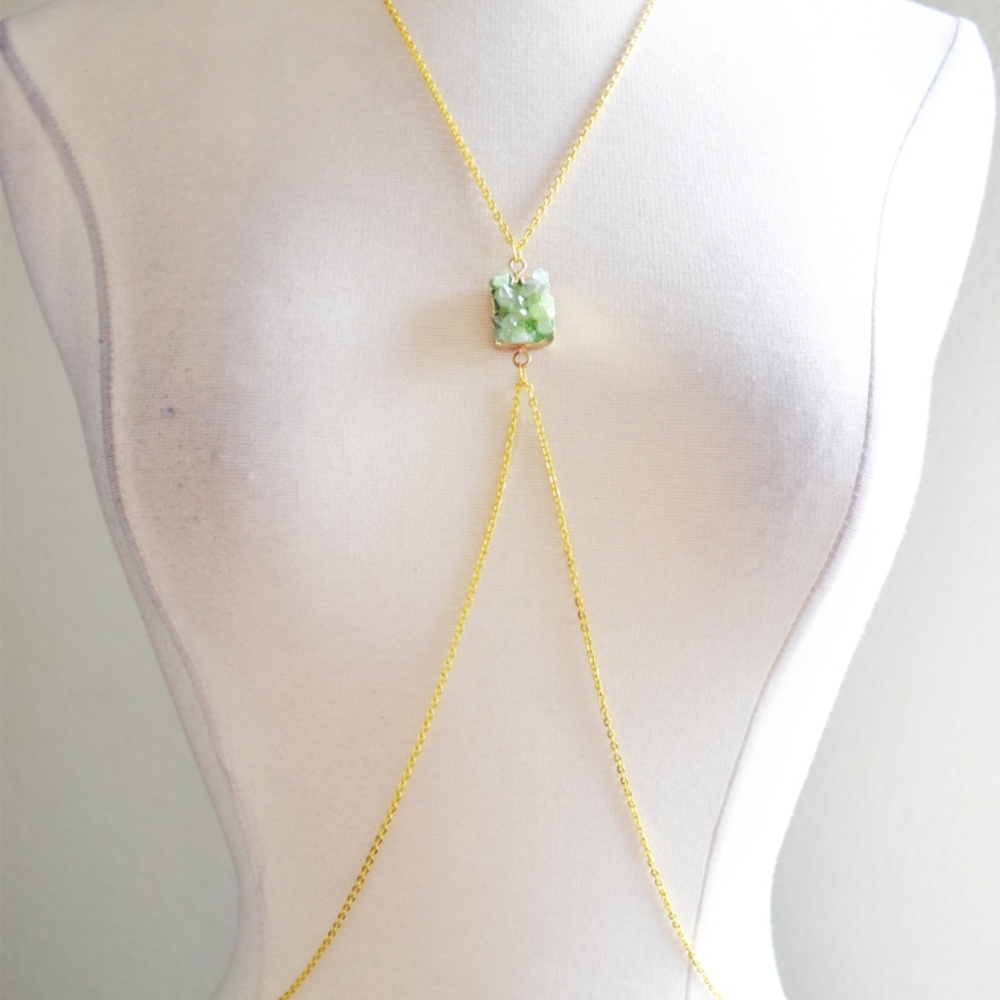 Green Crystal Druzy Gold Body Chain Harness